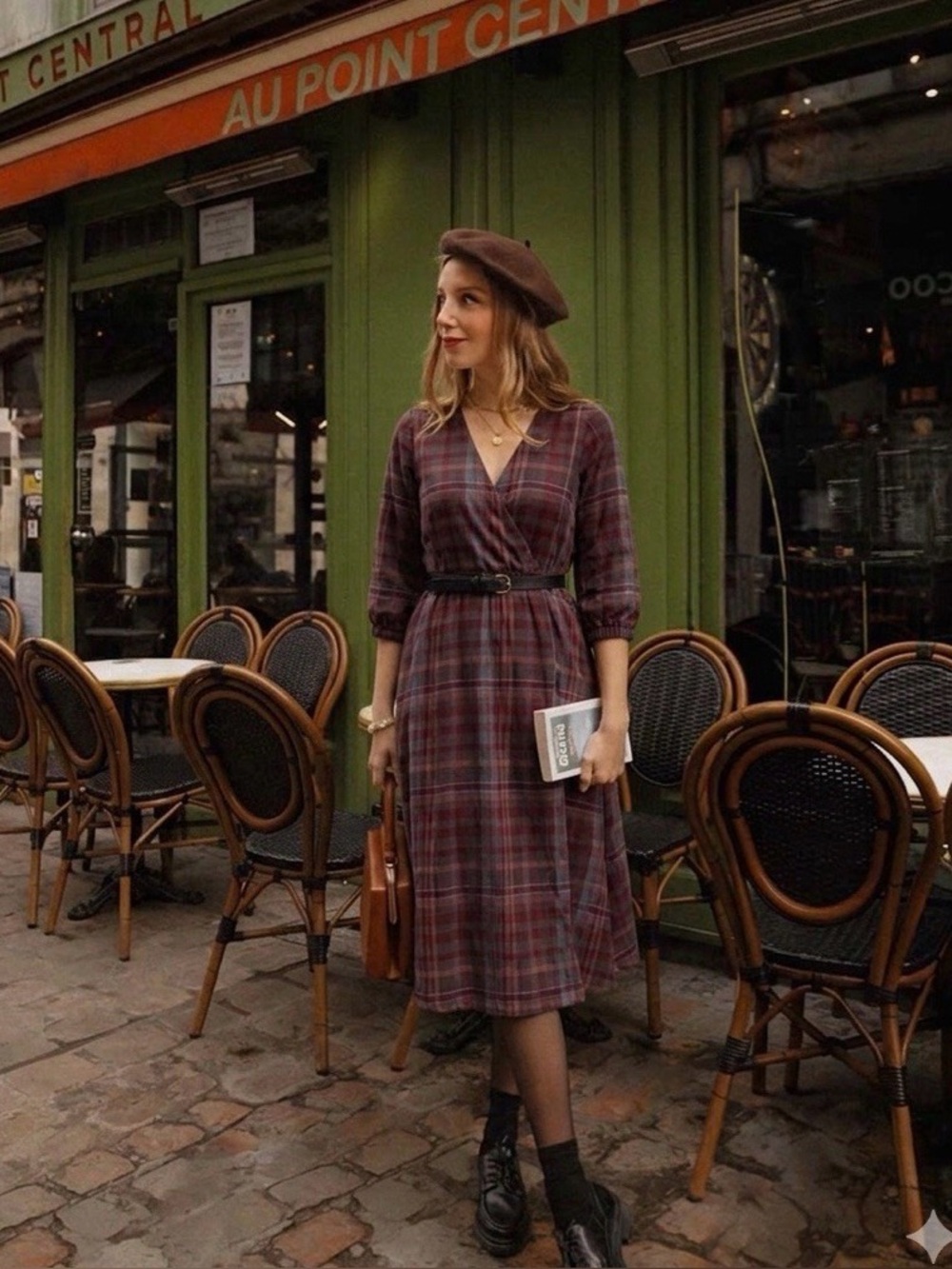 Pact Fireside Flannel Crossover Faux Wrap Midi Dress in Burgundy Size XS - Picture 6 of 12